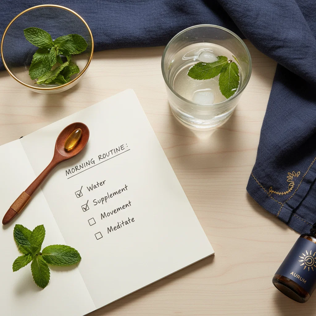Ochtend wellness routine: glas water, supplement capsule op houten lepel en dagelijkse checklist